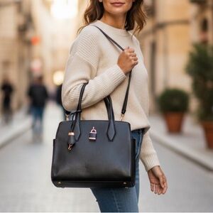 Vintage Black Vegan Leather & Gold Lock Detail Tote Bag